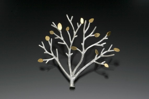 Sterling Silver Tree Brooch - 24k Gold Leaves - Nature Jewelry - Tree Pin - Twig Brooch - Organic Jewelry - Leaf Brooch - Made to Order