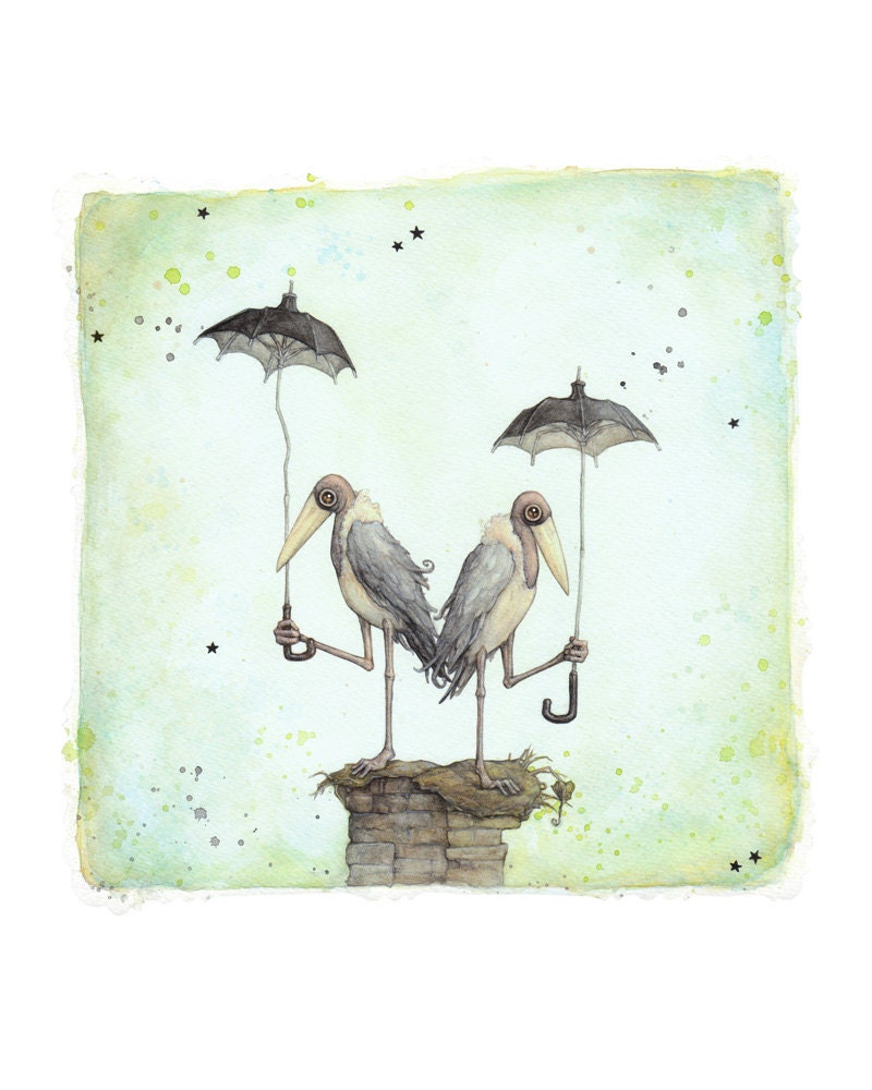 Signed art print: "The Twins." Two storks with umbrellas, hunkering down in the rain. (8.5" x 8.5")