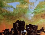Original abstract landscape oil painting, amber, dark brown, green, sky blue, 10 x 12, "Fortress Komeda"