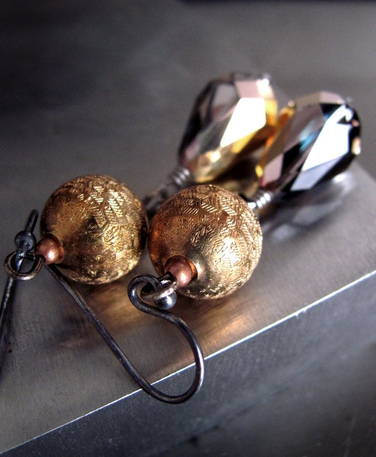 Old Gold - Vintage Metal Bead Earrings, Gold Coat Crystal Teardrop Earrings, Vintage Antiqued Gold Brass, Funky Retro Jewelry