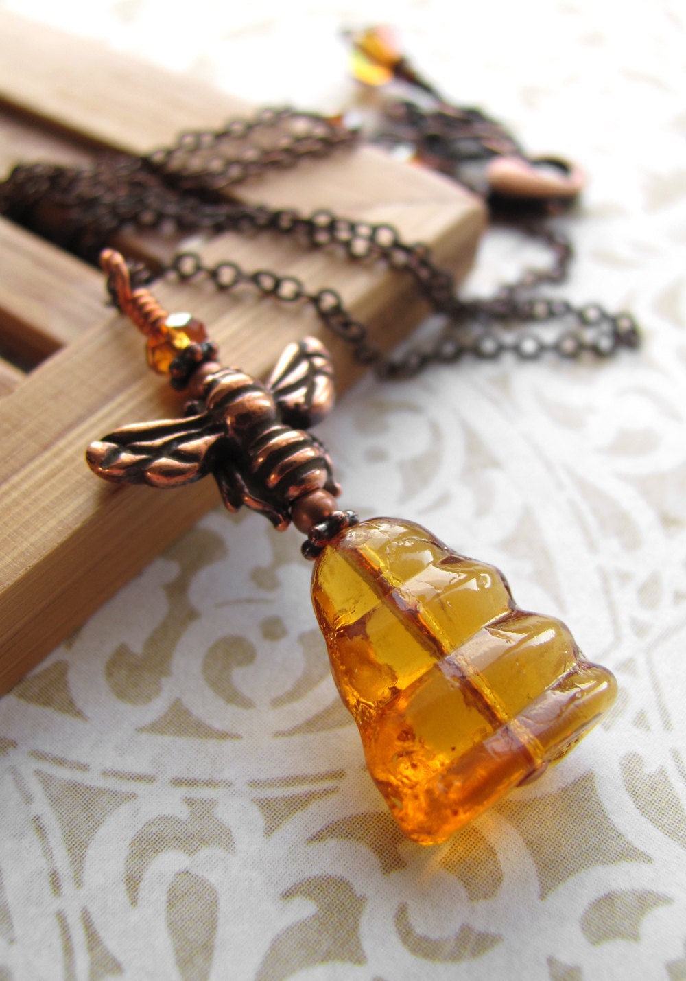 Honey Bee Necklace with Bee Hive on Antiqued Copper Chain - Vintage Style Jewelry, Honeybee Pendant Necklace, Amber Yellow Bee Hive