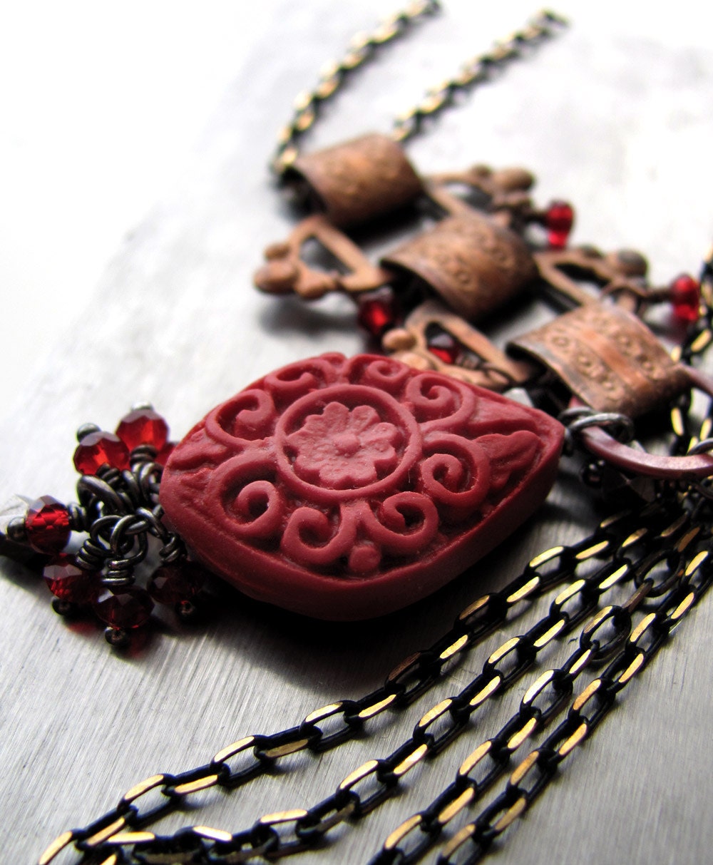 Raj - India Inspired Long Necklace, Red Cinnabar Pendant, Vintage Copper Metal, Long Gold Black Gunmetal Chain, Boho Jewelry