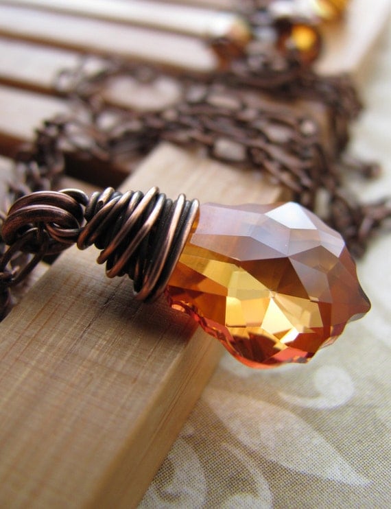 Amber Orange Crystal Pendant Necklace, Rust Orange, Wire-Wrapped in Antiqued Copper, Fall Fashion, Autumn Jewelry, Vintage Style Jewelry