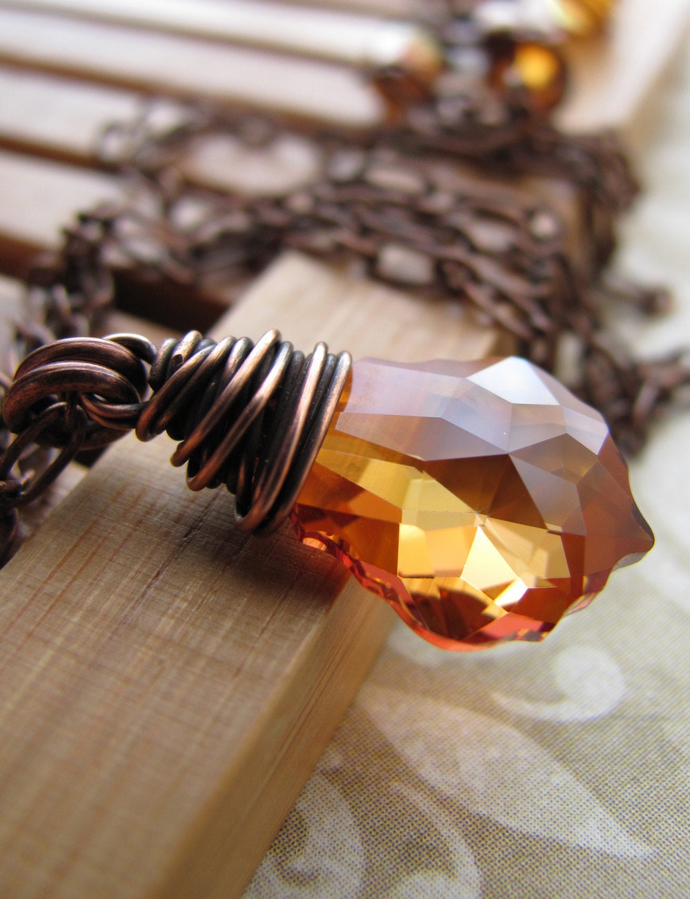 Amber Orange Crystal Pendant Necklace, Rust Orange, Wire-Wrapped in Antiqued Copper, Fall Fashion, Autumn Jewelry, Vintage Style Jewelry
