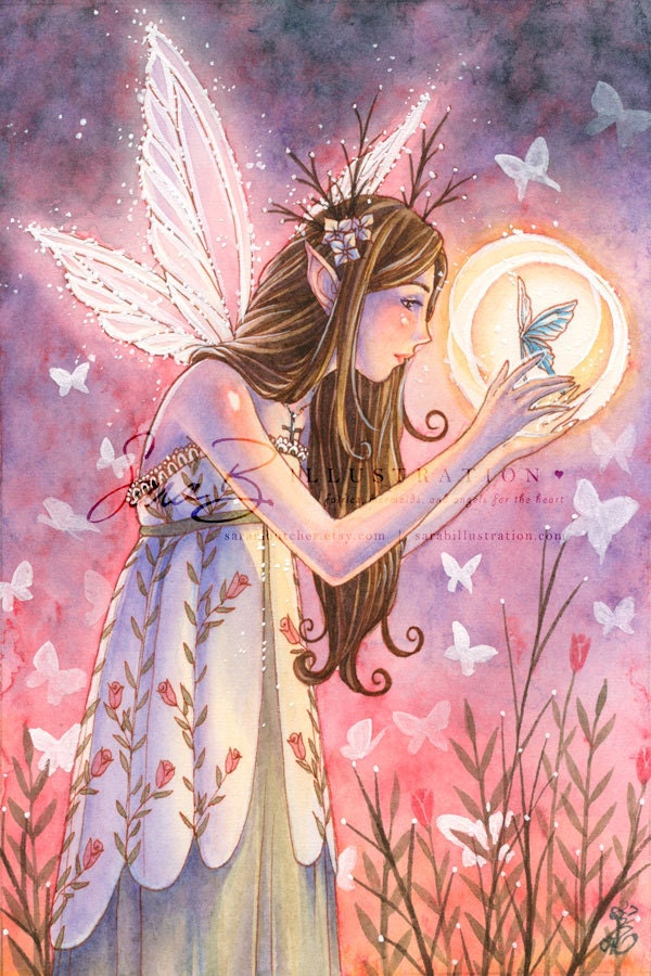 Garden Fairy Art Print - Roses With Butterflies in Twilight - Healing Art - 4x6 inches