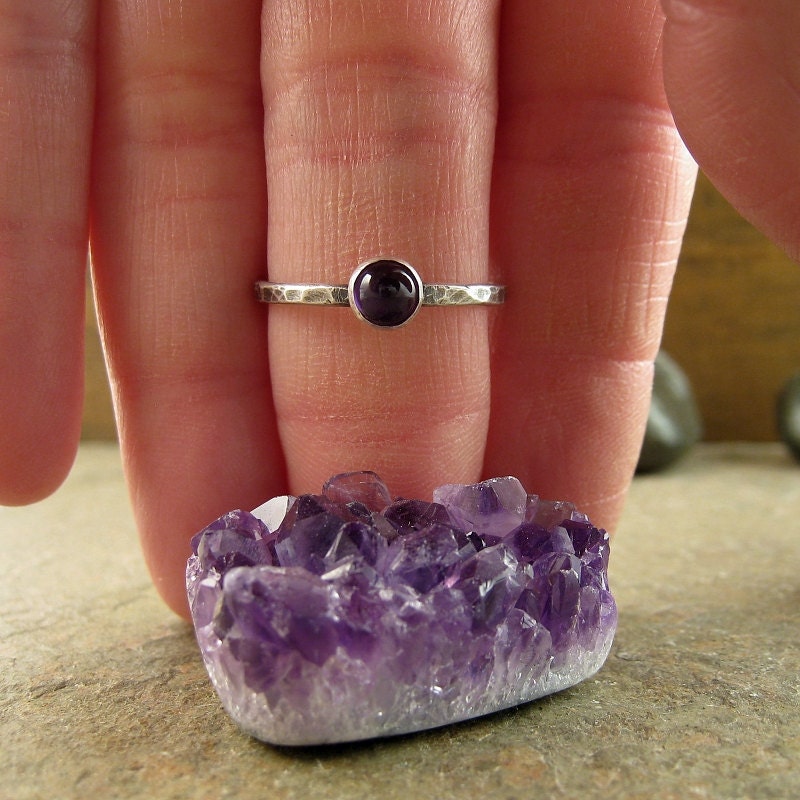 Purple Amethyst Ring, Oxidized Hammered Sterling Silver Stacking Ring, Amethyst Jewelry