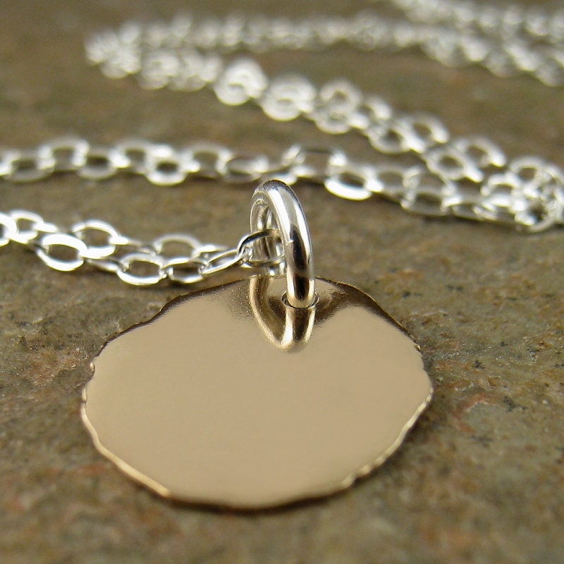 14k Gold Pendant Sterling Silver Necklace, Solid Yellow Gold Petal Disc. Mixed Metal Contemporary Modern Jewelry