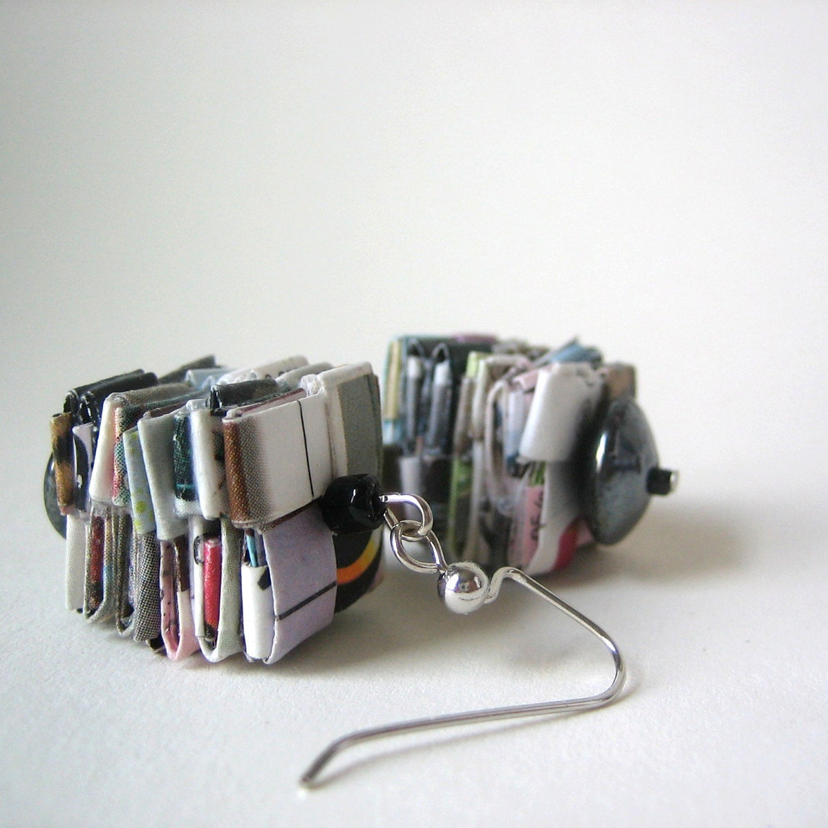 Stacked with Shiny Charcoal Glass Floating Saucers - Eco Paper Earrings