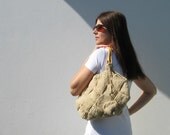 Bag Knitted in Beige Cotton with Rattan Handles