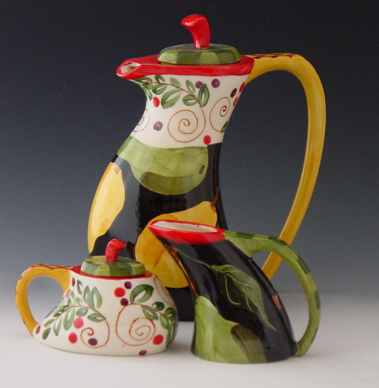 Tea Set - Parisian Pear Funky Tea Set - Colorful Whimsical Ceramic Pottery Kitchen Serving Home Decor Mothers Day Gift   PP-369, PP-374