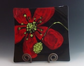 Floral Serving Plate - Red Poppy Medium Square Sushi Tray - Bold Graphic Botanic Ceramic Pottery Serving Minimalist Home Decor Gifts  RP-167