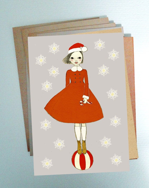 SALE 20% OFF HOLIDAY Cards Set - Christmas Elf girl and Penguin girl - postcard set of 6