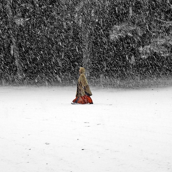 Figure photography, Nature photography, Red riding hood, Winter photography, Winter wonderland, Print 6x6 (15x15cm)