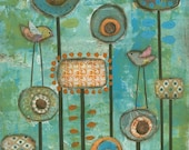 Colorful Garden II....8 x 10 print...from original mixed media painting and collage by Kandy Myny BLue Green Birds Flowers