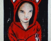 Original Mixed Media Acrylic Portrait Painting - Girl in Red Bear Costume Painting - Are You Kidding Me
