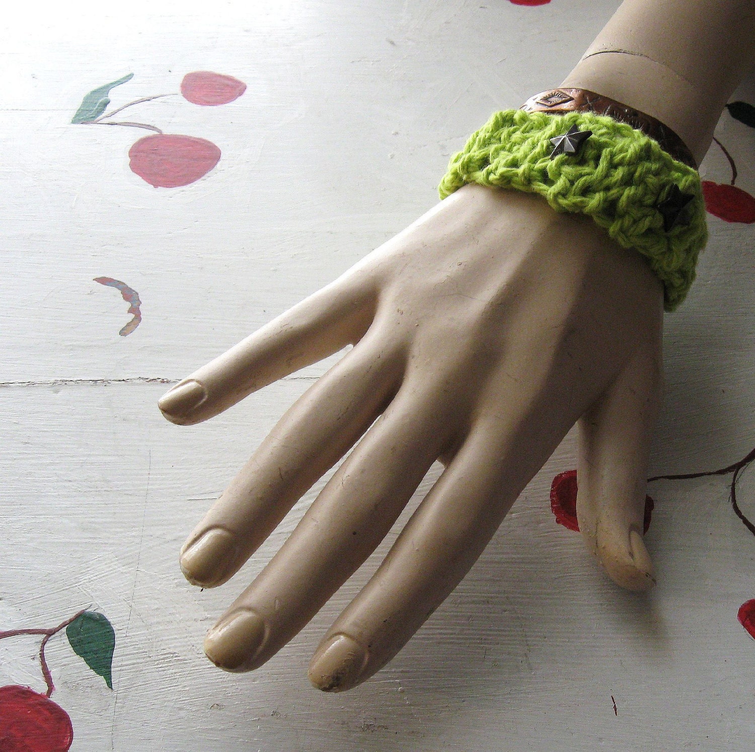 CUFF BRACELET NAUTICAL Crochet Bright Green "Rock Star"
