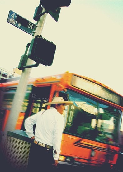 travel photography, portrait, downtown Los Angeles photograph, waiting, urban orange city bus California loft decor 5x7