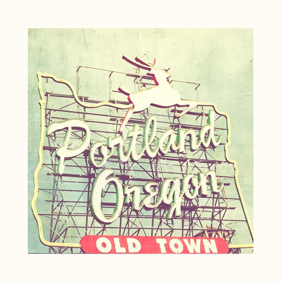 Portland photography, Oregon photograph, city deer sign, old town, Portland Dear, mint green retro, cherry red, Pacific NW travel