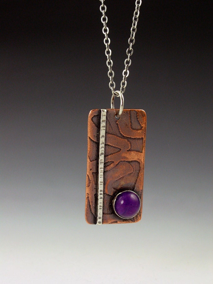 SALE 20% OFF - Scribble Necklace, copper, sterling silver, purple quartz