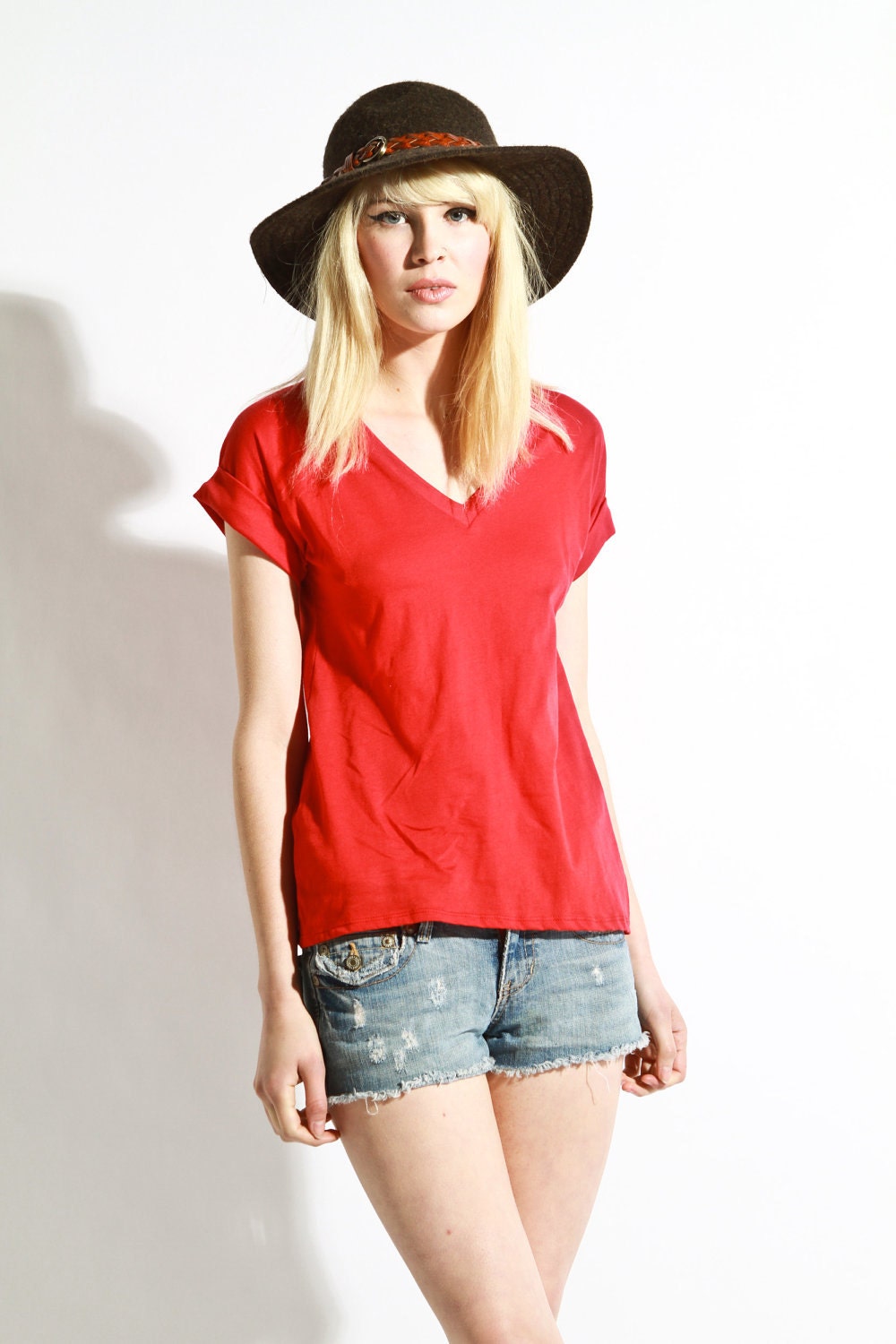 Womens Shirt  Vneck Cotton Essential Tee Red