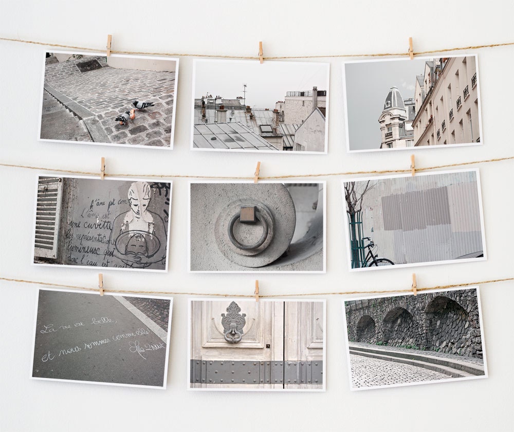Postcards from Paris, Set of Nine Grey Paris Postcard Collection, Gray 4x6 Photo Cards, Paris Photograph Art Prints, Paris in Color