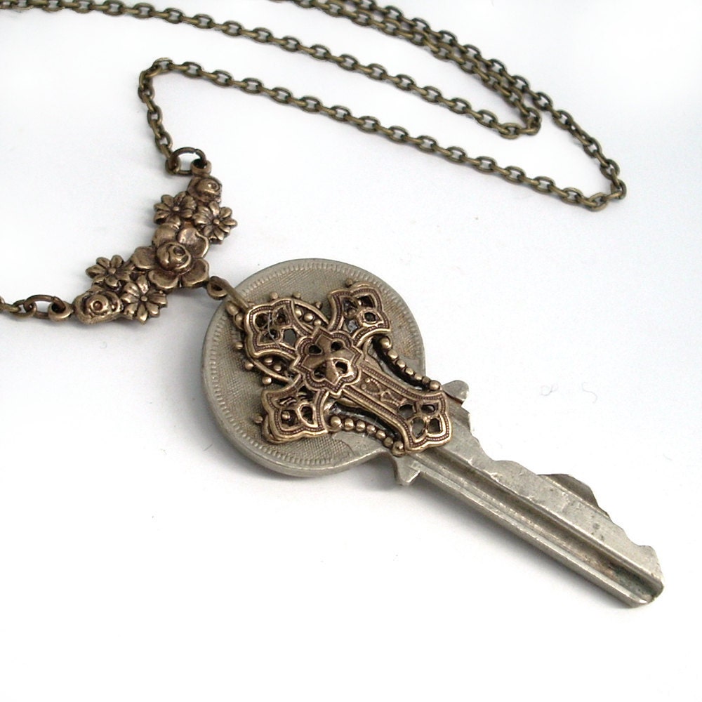 Key Necklace Handmade Jewelry - Key to the Kingdom - Cross Pendant