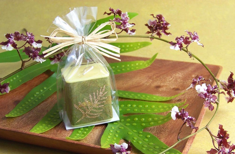 Gardenia Candle Hawaiian Party Favor Green Paper Wrap Fern