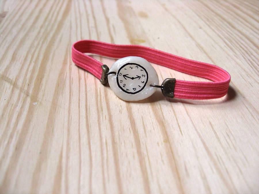 PINK FLUOR Fake watch with elastic watchband. One-of-a-kind handmade Porcelain bracelet. Toy clock.