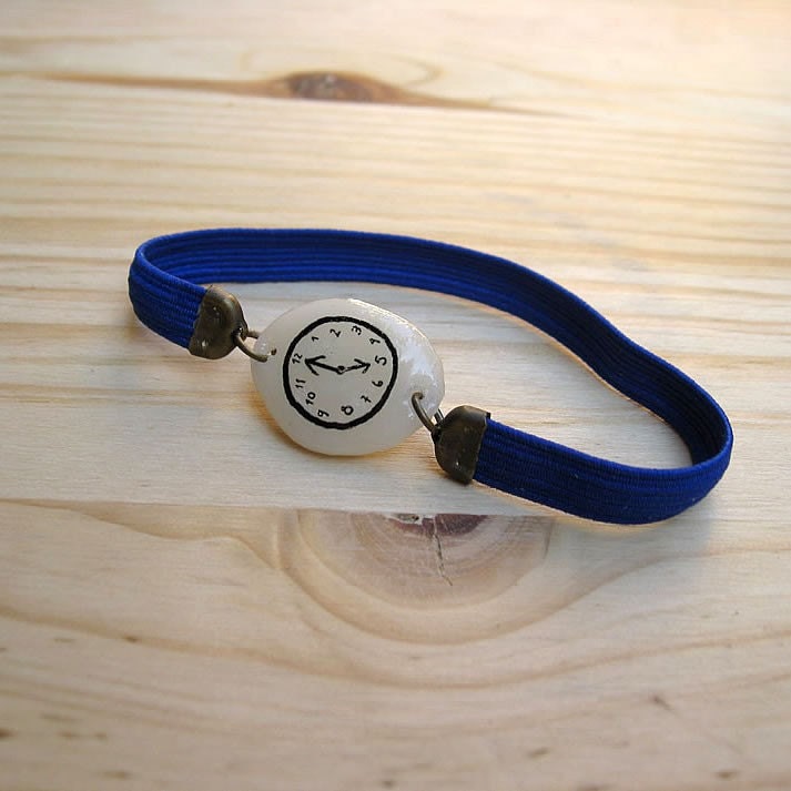 BLUE FLUOR Fake watch with elastic watchband bracelet. Porcelain toy clock.