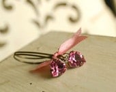 valentine (pink) - dainty crystal rhinestone heart aged brass dangle earrings
