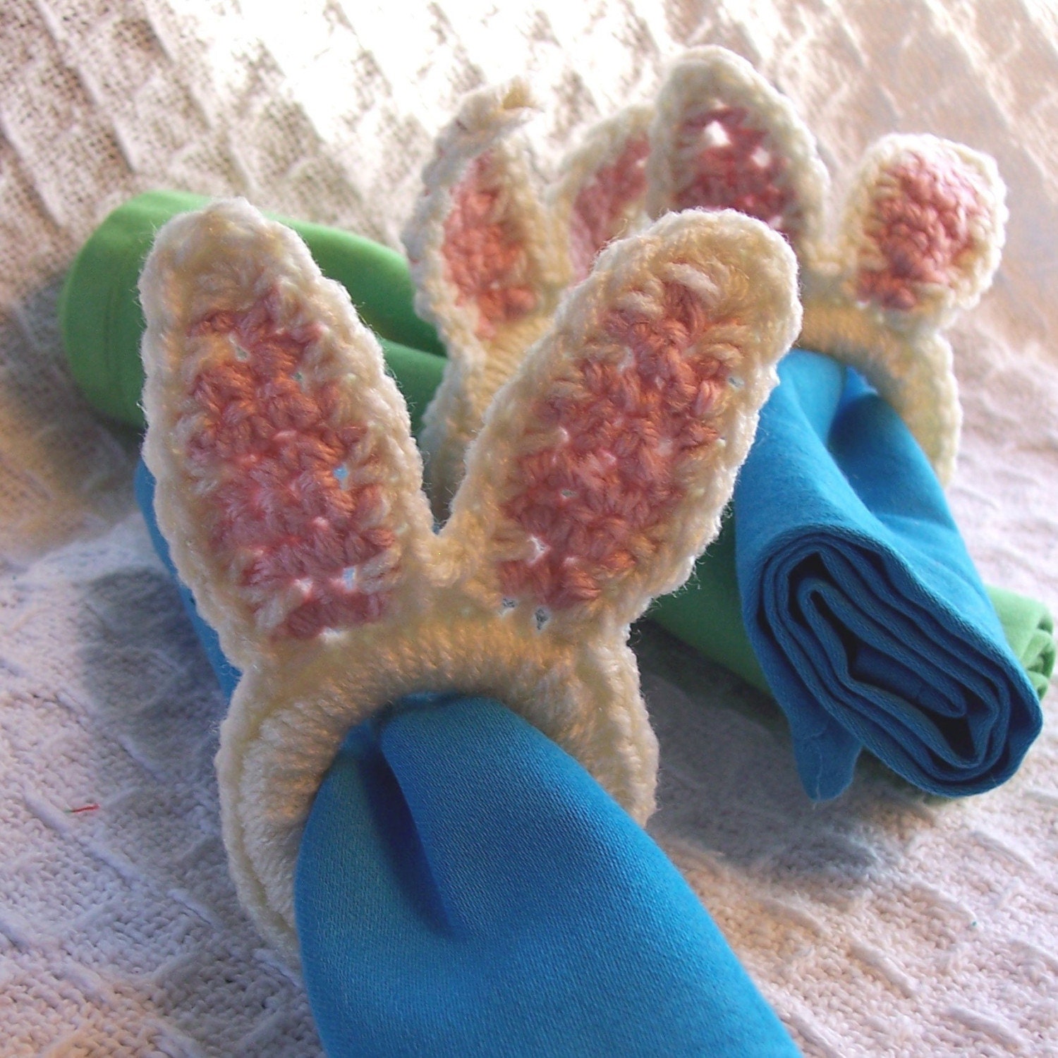 Crochet Easter Bunny Napkin Rings - Set of 4 -  Bunny Ears Crochet Napkin Rings - Easter Rabbit Ears - Pink & Soft White Easter Bunnies