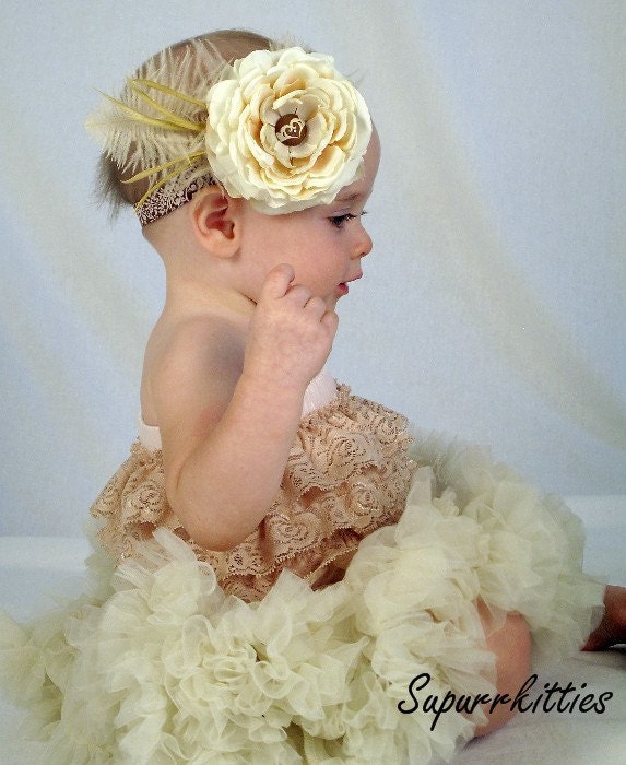 Cream Baby Headband - Flower Headband - Ivory/Brown Vintage Baby Headband - Feather Headband - Toddler/Girl Fascinator Photo Prop/Pageant