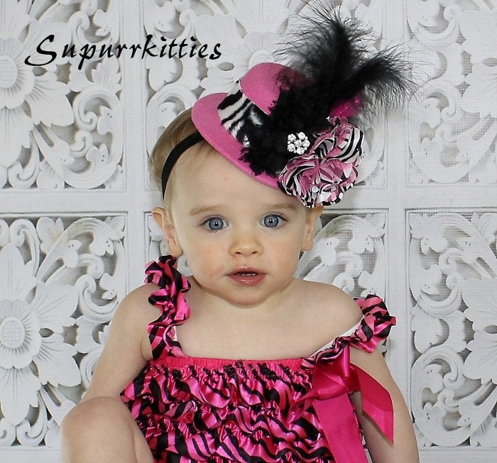 Pink Baby Mini Top Hat - Baby Flower Hat/Headband Fascinator - Zebra Mini Top Hat - Toddler/Girl Feather Top Hat for Pageant, Photo Prop