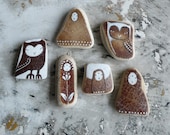 Brown Beach Pottery Collection of Six - Three Kuan Yin, Two Owls and one Jizo