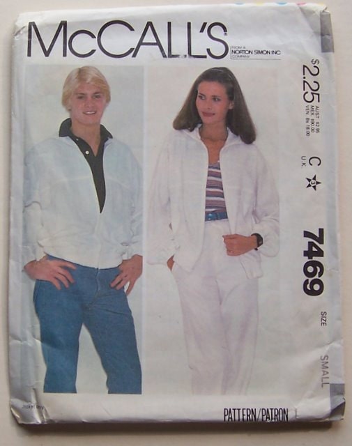 Women's or Mens Hooded Jacket Size Small UNCUT McCall's 7469 Vintage Sewing Pattern