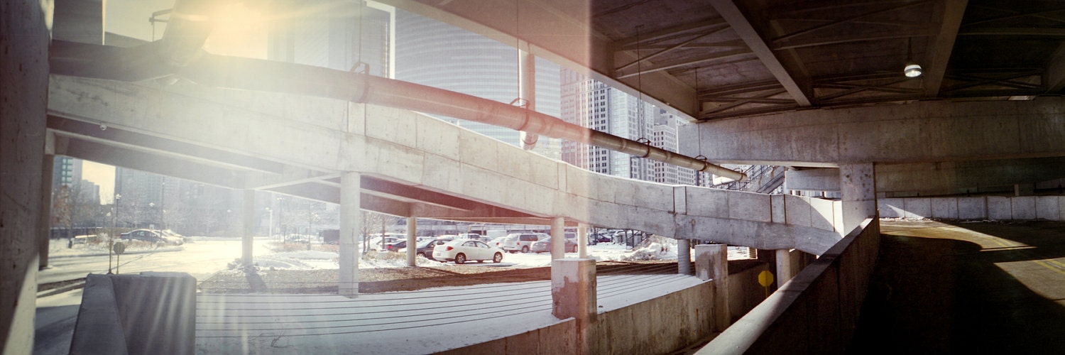 Chicago, FREE SHIPPING, multiple exposure 2x6 magnet stocking stuffer, cityscape, landscape, 35mm color film "Concrete Fun House"