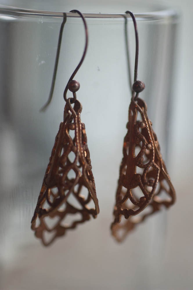 Earrings - Metal Lace - Inspired By Dangling Leaves - Romantic Copper Filigree - Dangle Earrings