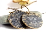 Black Grey Patinaed Textured Brass Disk - Patina Earrings -Rustic Tree Bark -Jewellery