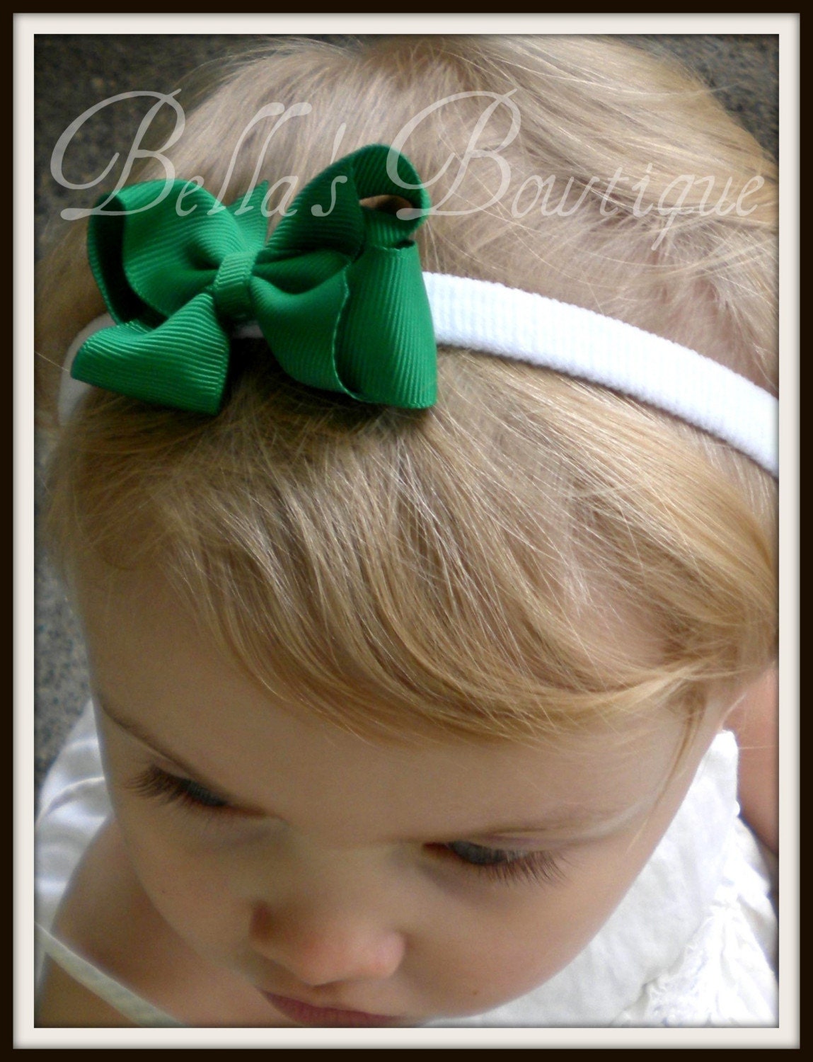 Kelly Green - Boutique Style itty bitty Hair Bow Skinny White headband Super Petite Style - Fits BABYS Babies TODDLERS and big girls