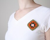 crochet granny square brooch No 1 - square pin, vintage inspired in green, orange and salmon tones