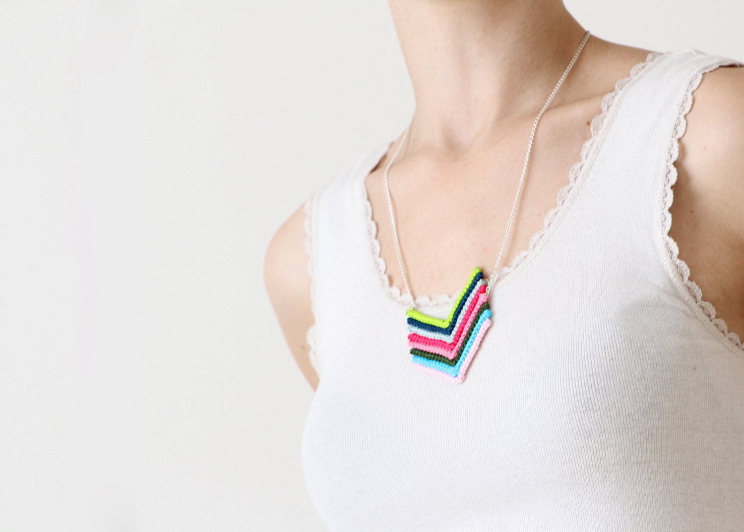 chevron necklace, arrow pendant, crochet in soft pastel colors with sterling silver chain, asymmetric, handmade necklace in boho style