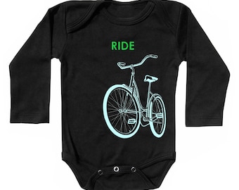 Ride a Bike Infant bodysuit, Black long sleeve, organic short sleeve, all baby sizes, perfect baby boy gift, old retro bicycle design.