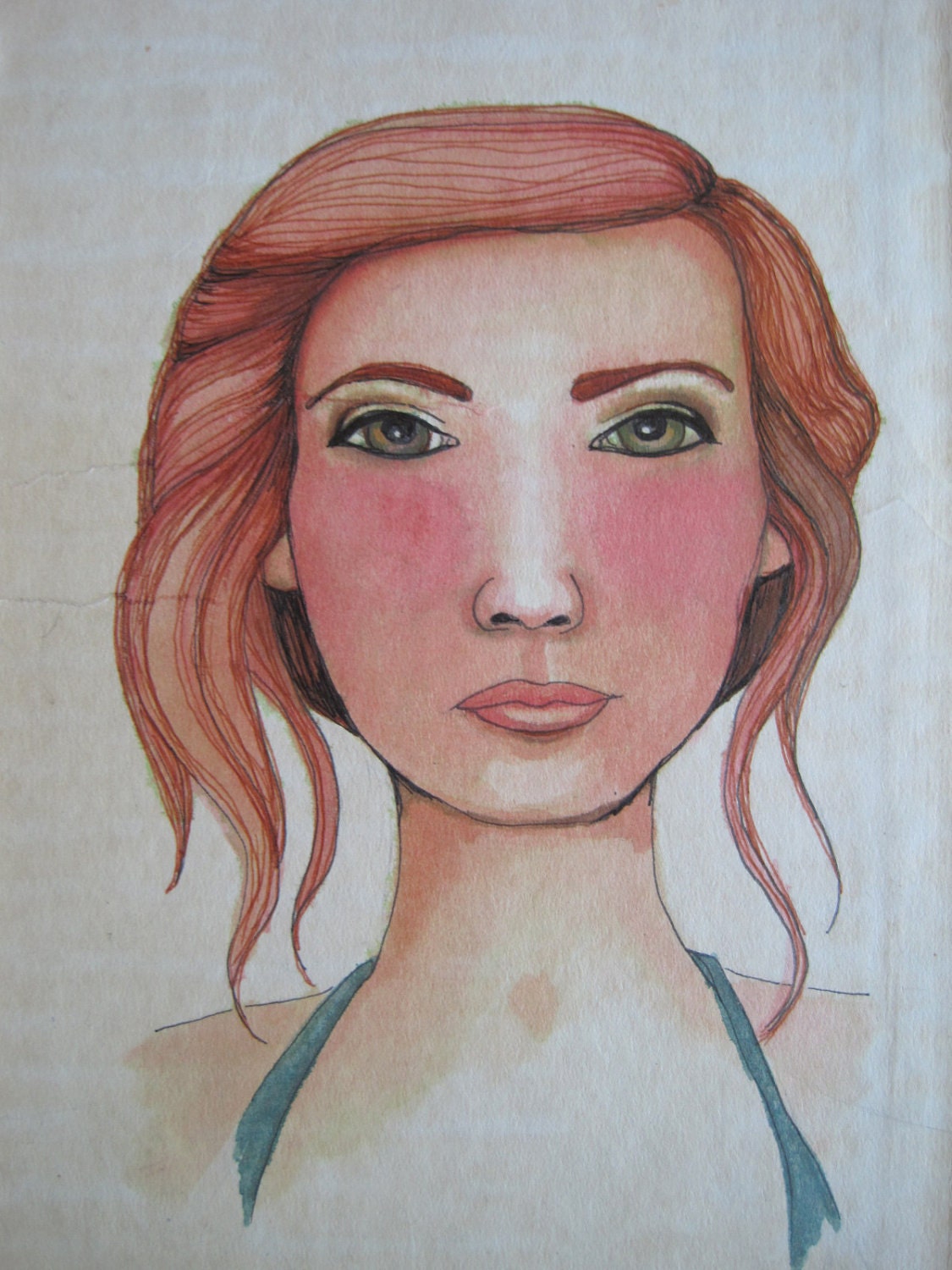 Original Art Painting Portrait of a Redhead pretty girl on Vintage Book Cover