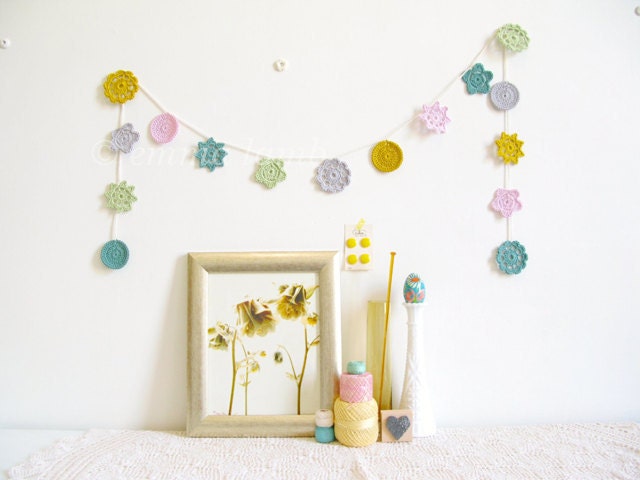 Pastel crochet garland, Mimi flower bunting, nursery decor in spring pastels, free gift wrapping - MADE TO ORDER, by Emma Lamb