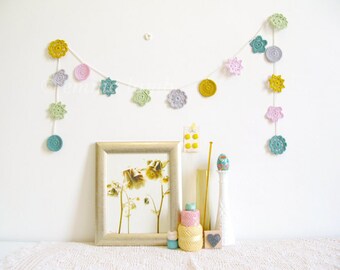 Pastel crochet garland, Mimi flower bunting, nursery decor in spring pastels, free gift wrapping - MADE TO ORDER, by Emma Lamb