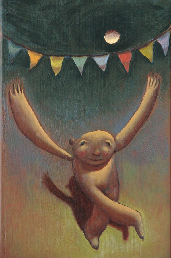 untitiled one of a kind oil painting (happy guy with flags and full moon)