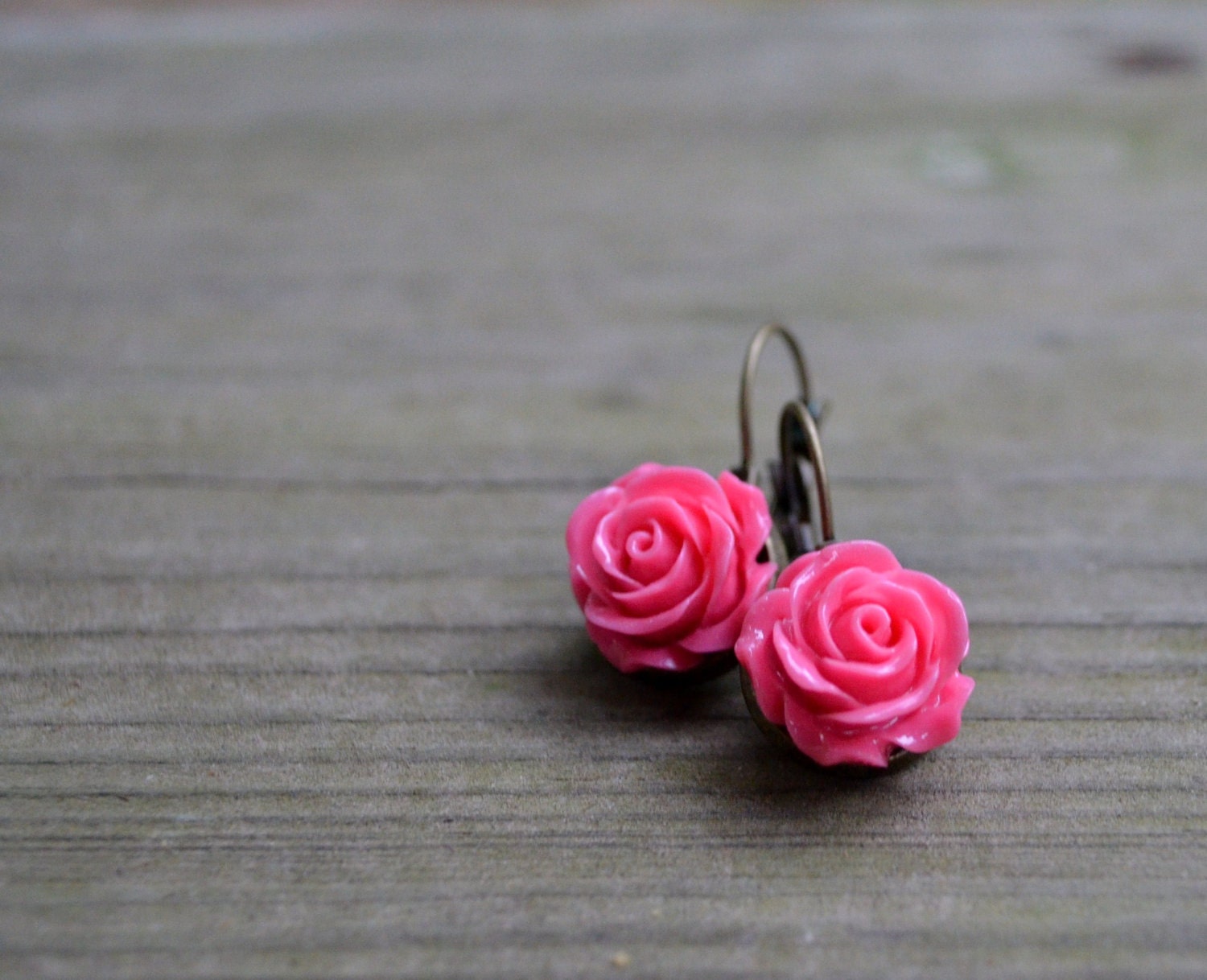 Rose Earrings - Hot Pink - Bridesmaid Gift - Wedding Jewelry - Spring - Easter - Flower - Antique Bronze - Gifts Under 25