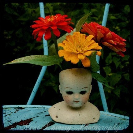 Colorful Spring Art, Antique Doll Head with Flowers Photo Print, No Brain, No Pain