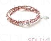 Personalized Handstamped Silver 3mm Braided Leather Triple Wrap Bracelet - PINK
