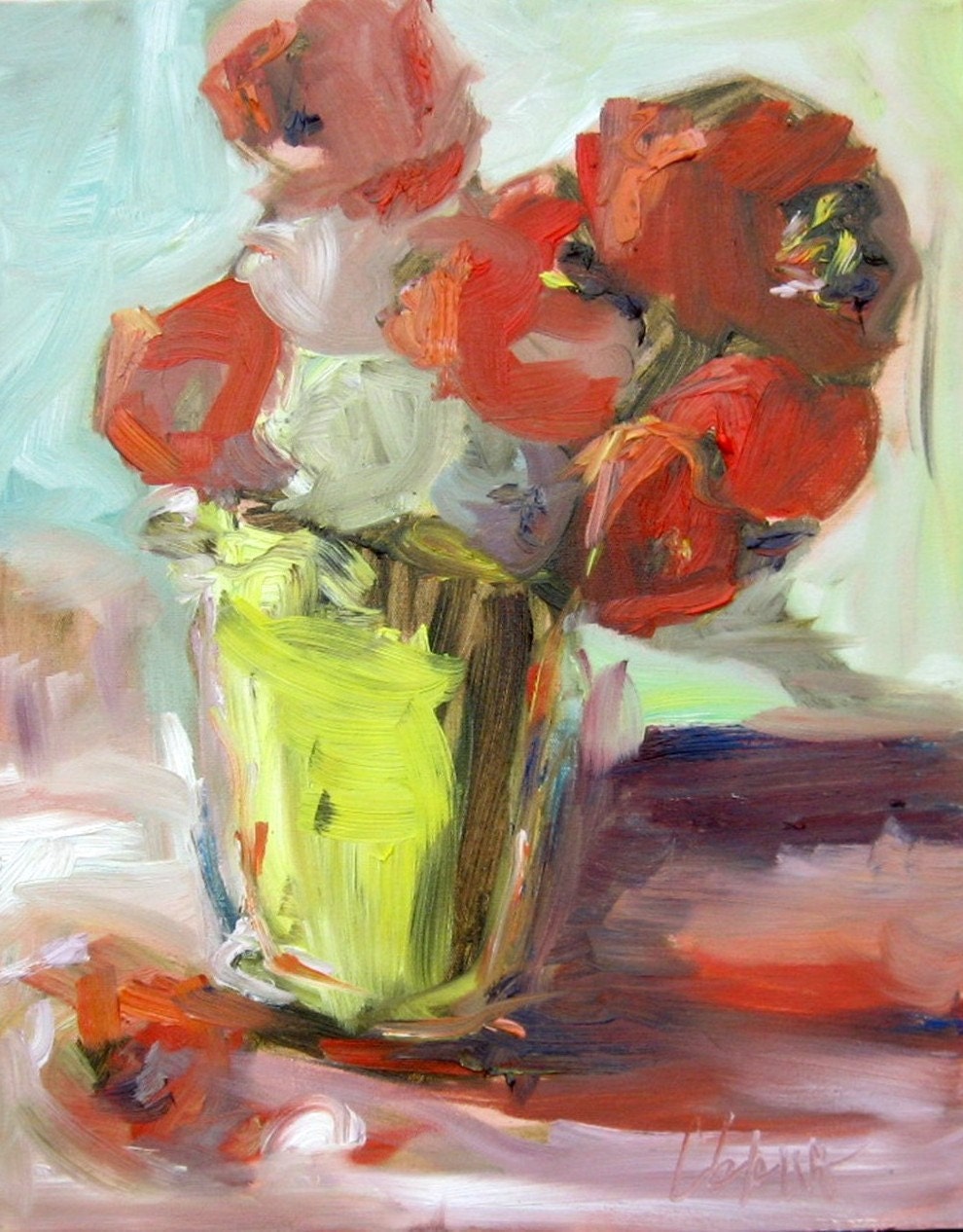 Flowers in Red and Orange in a Yellow Vase Original Oil Painting 16 x 20